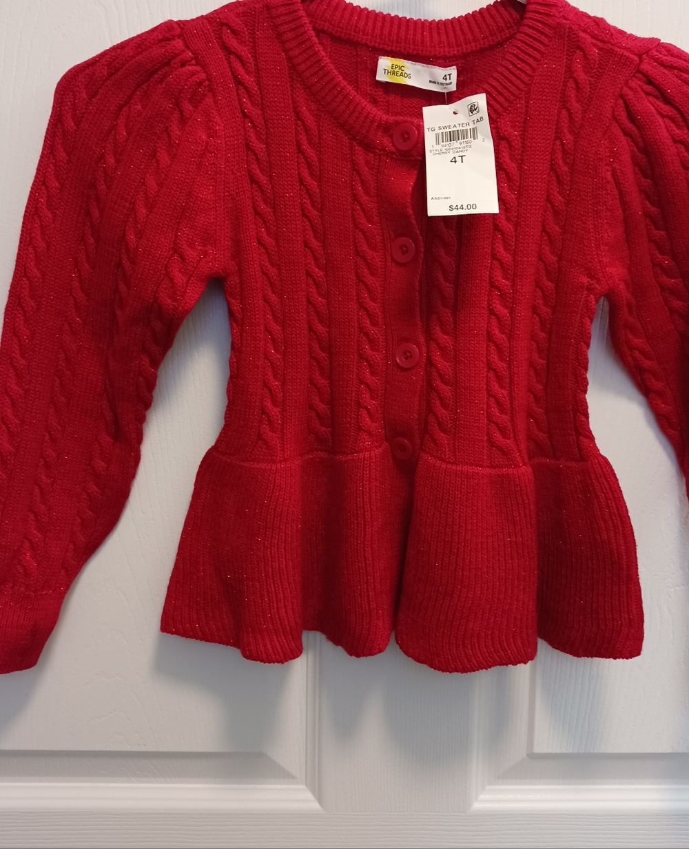Girls Red Cable Knit Button-Front Cardigan‎ With Flare Bottom Size 4T NWT